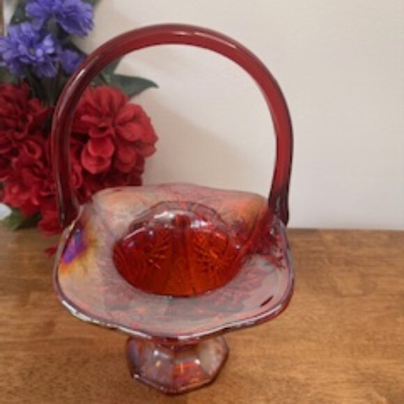 Indiana Glass Ruby Red Carnival Glass Basket Vintage Diamond Point Sunburst Hand - Picture 2 of 6